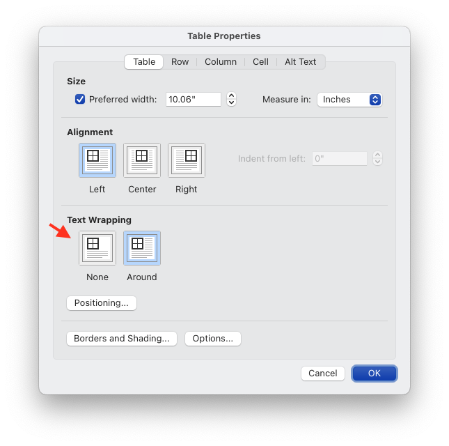 Screenshot of Microsoft Word table properties showing the location of the Text Wrapping option